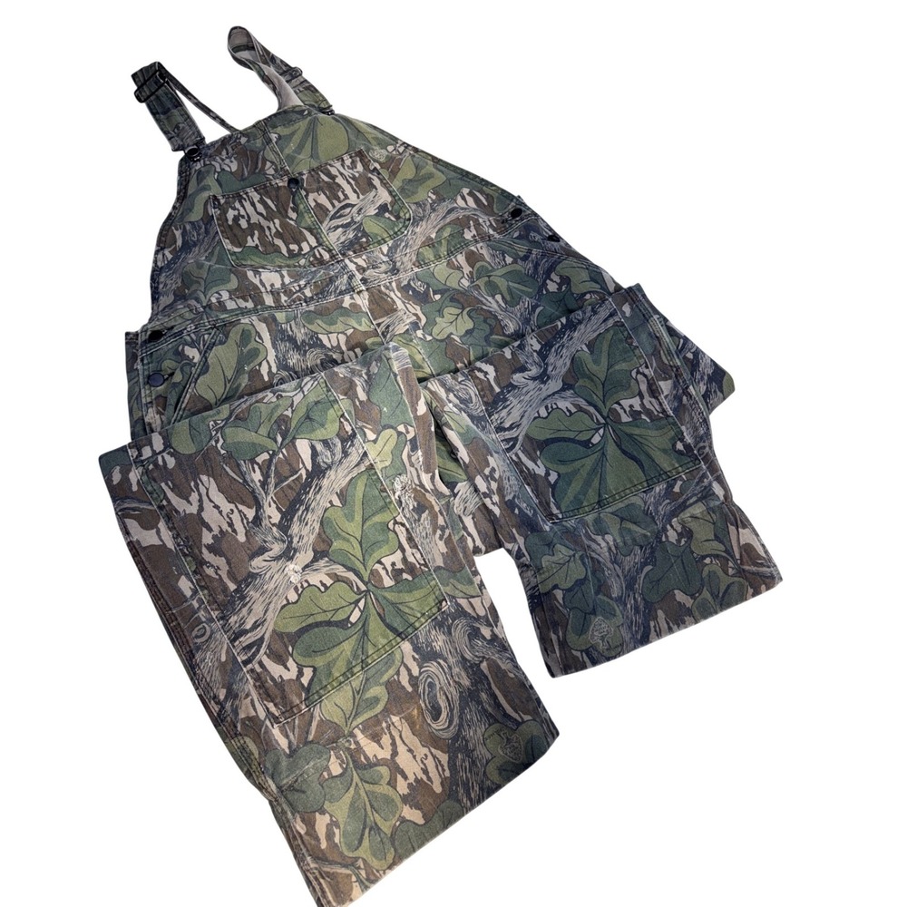 Vintage Mossy Oak Full Foliage Camo Overalls Men's XL 26 inch inseam Made in USA